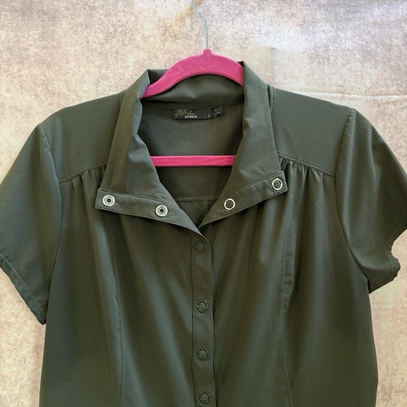 Prana Shadyn Green Athleisure Dress Snap Down Front Stretch Pockets Women's L - Picture 4 of 12